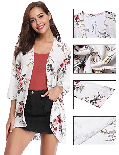 Aibrou Women's Floral Kimono Cardigans，3/4 Sleeve Tops Loose Floral Blouse Casual Boho Style Capes(Blanco L)