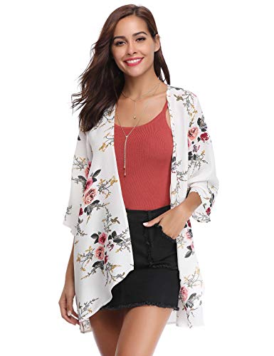 Aibrou Women's Floral Kimono Cardigans，3/4 Sleeve Tops Loose Floral Blouse Casual Boho Style Capes(Blanco L)