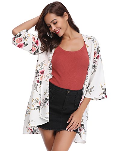 Aibrou Women's Floral Kimono Cardigans，3/4 Sleeve Tops Loose Floral Blouse Casual Boho Style Capes(Blanco M)