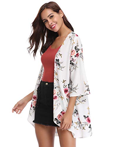 Aibrou Women's Floral Kimono Cardigans，3/4 Sleeve Tops Loose Floral Blouse Casual Boho Style Capes(Blanco M)