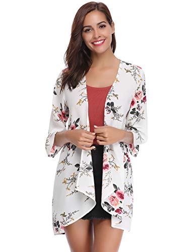 Aibrou Women's Floral Kimono Cardigans，3/4 Sleeve Tops Loose Floral Blouse Casual Boho Style Capes(Blanco M)