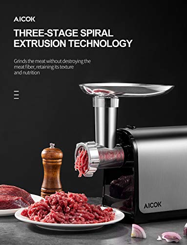 AICOK - Picadora de carne eléctrica 3 en 1, embutidos multi robot de cocina, embutidos con 2 placas de acero inoxidable, cúbico, tubos de embutidos para uso doméstico, certificado CE, 1341 W máx.