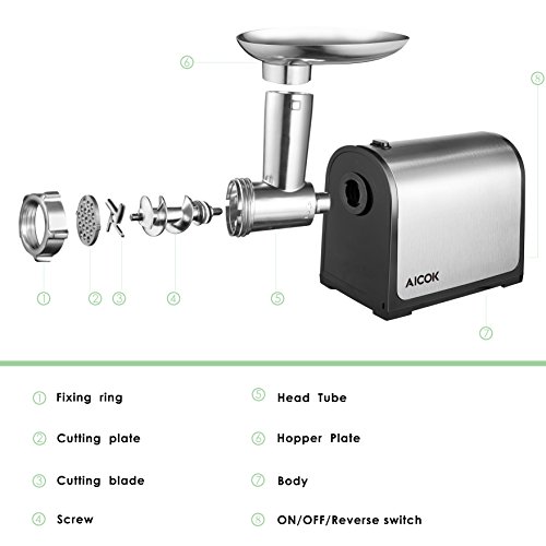 AICOK - Picadora de carne eléctrica 3 en 1, embutidos multi robot de cocina, embutidos con 2 placas de acero inoxidable, cúbico, tubos de embutidos para uso doméstico, certificado CE, 1341 W máx.