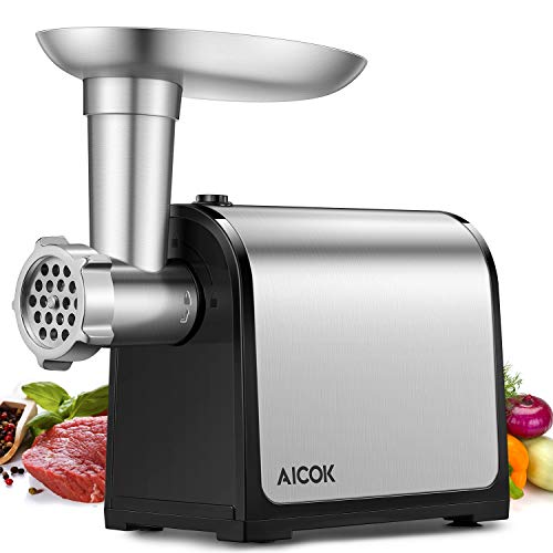 AICOK - Picadora de carne eléctrica 3 en 1, embutidos multi robot de cocina, embutidos con 2 placas de acero inoxidable, cúbico, tubos de embutidos para uso doméstico, certificado CE, 1341 W máx.