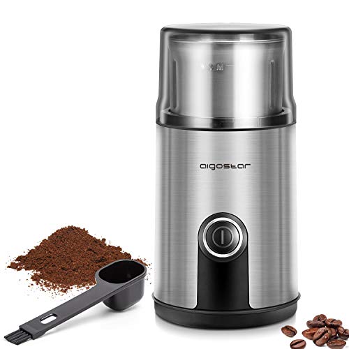 Aigostar Otto 30RYH - Molinillo compacto de café, especias, semillas o granos. Capacidad 75 gr, 200W, interior desmontable, cuchillas de acero inoxidable antidesgaste, dosificador. Libre de BPA.