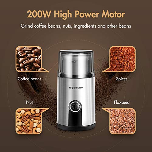 Aigostar Otto 30RYH - Molinillo compacto de café, especias, semillas o granos. Capacidad 75 gr, 200W, interior desmontable, cuchillas de acero inoxidable antidesgaste, dosificador. Libre de BPA.