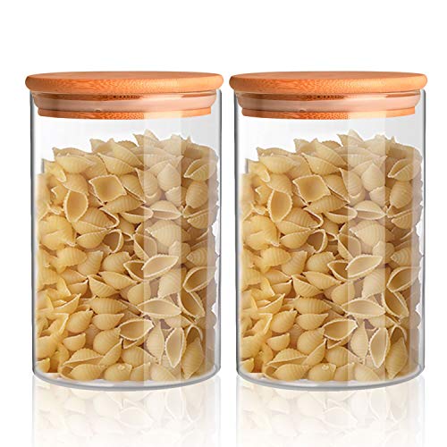 Akamino - Tarros de almacenamiento de alimentos de cristal con tapas herméticas de bambú – latas de cocina para café, azúcar, caramelo, galletas, arroz, especias, 1000 ml – 2 unidades