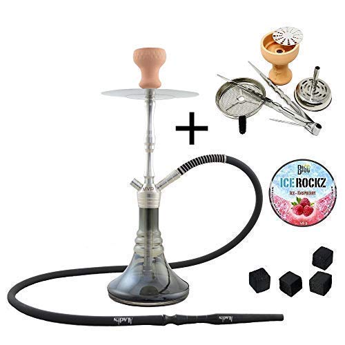 Aladin Cachimba Shisha MVP 460 de acero inoxidable, completa con manguera de silicona y cazoleta + 4 Carbones Tom Cococha + Piedras Fumables Bigg Frambuesa (Shiny Black)