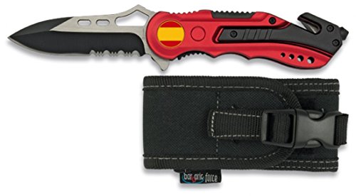 Albainox 19495GR1018 - Navaja Roja Seguridad España, Mango de Aluminio, Hoja con Sierra de 8.1 cm, Incluye Punta Rompevidrio y Cutter Cinturón de Seguridad, Funda de Nylon, Unisex Adulto, Multicolor