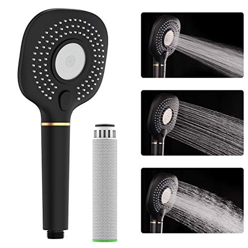 Alcachofa de Ducha, Rainsworth Cabezal de Ducha, Universal Mano Alta Presiòn Ahorro de Agua, Ducha de Masaje Multifuncional 3 Modos Filtro Ducha, Negro