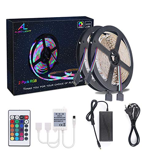 ALED LIGHT 2 x 5 metros (10 m en total) 3528 SMD 300 LED RGB luces de tira, cinta tira LED Flexible con el Regulador IR Colores Adaptador de la Fuente de alimentación 6A 24 Key. Decorativas LED Franja de Fiesta Exposición de la Demostración