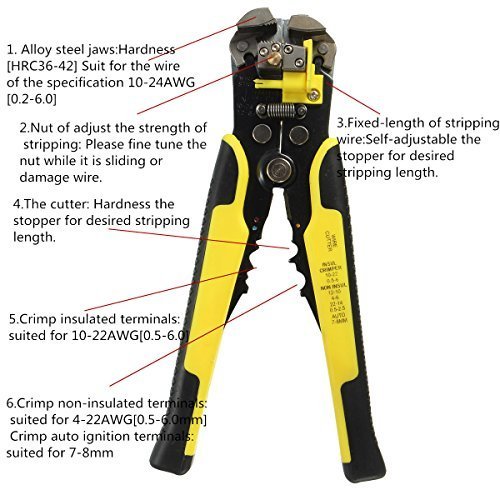 Alicate Pelacables Automático,Profesional Multifuncional Automático de Alambre Cable Crimpadora Autoajustable Pelacables Alicates de Corte Herramienta de Terminal AWG 24-10 (0,2~6,0 mm²)