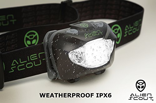 Alien Scout Linterna Frontal Gama Alta – Impermeable, Resistente a los Golpes y Súper Brillante - Tecnología Cree XP-E LED – Múltiples Modos de Alumbrado Fijo e Intermitente - Blanco/Rojo/SOS