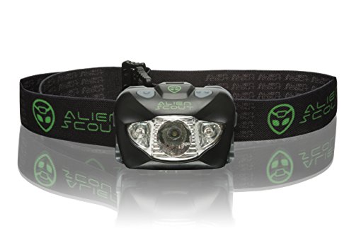 Alien Scout Linterna Frontal Gama Alta – Impermeable, Resistente a los Golpes y Súper Brillante - Tecnología Cree XP-E LED – Múltiples Modos de Alumbrado Fijo e Intermitente - Blanco/Rojo/SOS