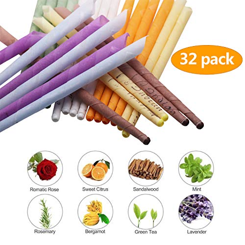 All Natural Ear Candles Conos de cera de abejas - 32 piezas (8 colores), cilindros orgánicos no tóxicos fragancia hueca cono velas con 16 discos protectores (32 piezas)