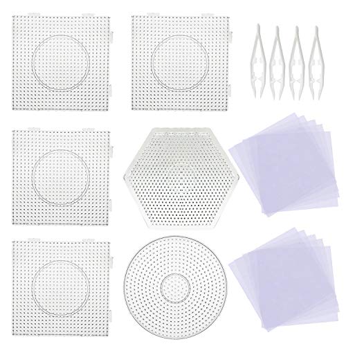 Allazone 5mm 6 Pz Pegboards Plantillas Grandes con 4 Pz Cuentas Blancas, 20 Pz Papel de Planchado, Placas Cuadrado Transparente para Cuentas Niños Artesanía Perlas