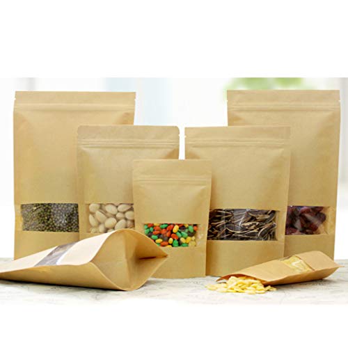 Almencla 100 Bolsas Auto Sellantes de Papel Kraft con una Ventana Transparente para Café, Dulces, Hojas de Té, Carne Seca, Sales, Nueces, Azúcar y Más - 16x22cm