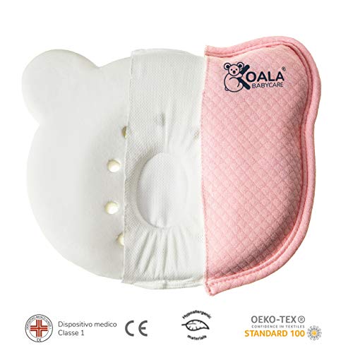 Almohada para Bebe para plagiocefalia desenfundable (con dos forros) para prevenir-curar la Cabeza Plana in Memory Foam Antiasfixia - KoalaBabycare® - Perfect Head - Rosa