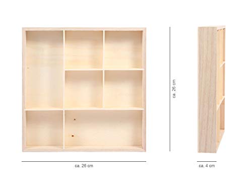 Alsino - Vitrina de madera para pared, madera de pino natural sin tratar, diferentes dimensiones, compartimentos, multifuncional, colgante, madera, Madera, SK-19 | 26 x 26 x 4 cm