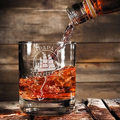 AMAVEL Vaso de Whisky, para Papá Capitán, con Barco Velero Grabado, Decoración Marinera, Capacidad 320 ml