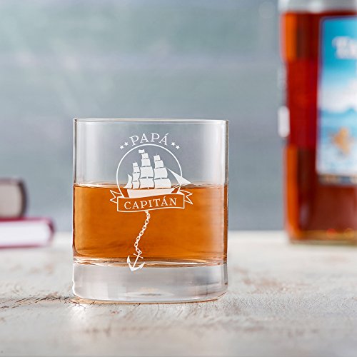 AMAVEL Vaso de Whisky, para Papá Capitán, con Barco Velero Grabado, Decoración Marinera, Capacidad 320 ml