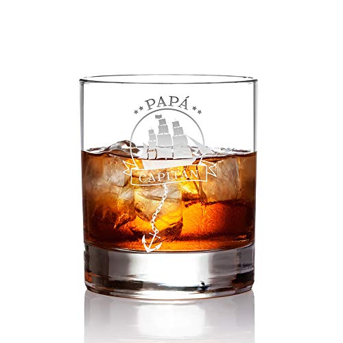 AMAVEL Vaso de Whisky, para Papá Capitán, con Barco Velero Grabado, Decoración Marinera, Capacidad 320 ml