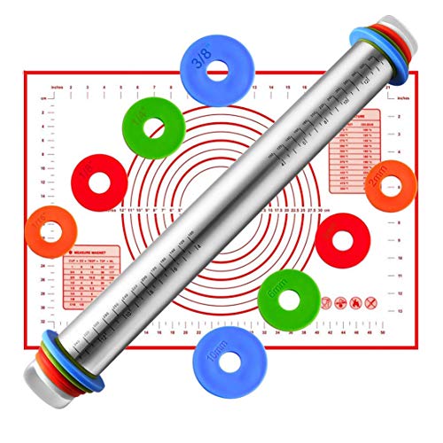 AMAYGA Rolling Pins con 4 Discos Ajustables Anillo y marcaje de medición,Rodillo Acero Inoxidable para Hornear Pastas para Pizza y Galletas de pastelería o Estilo francés 44 cm