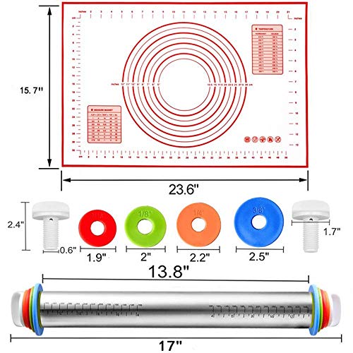 AMAYGA Rolling Pins con 4 Discos Ajustables Anillo y marcaje de medición,Rodillo Acero Inoxidable para Hornear Pastas para Pizza y Galletas de pastelería o Estilo francés 44 cm