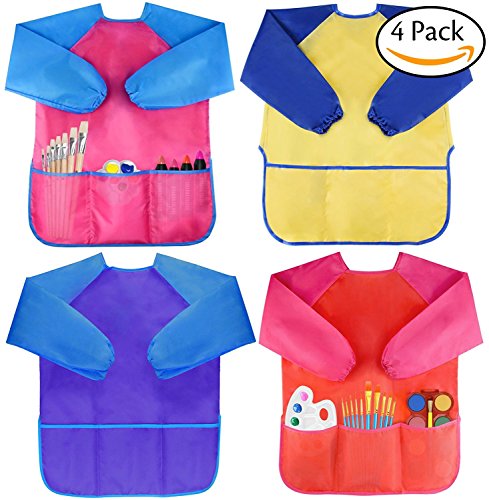 Amaza 4Pcs Delantal Infantil Pintura para 2-8 Años (Amarillo & Rosa & Azul & Rojo)