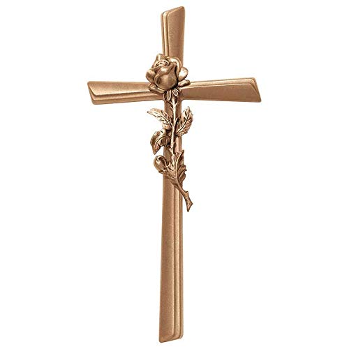 AmazinGrave - Cruces de Pared en Bronce para Cementerio - Crucifijo con Rosa 28x13,5cm - En Bronce, a Pared 2119-28