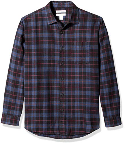 Amazon Essentials - Camisa de franela a cuadros de manga larga y ajuste regular para hombre, Azul (Blue/Black Plaid), US S (EU S)