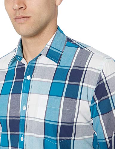 Amazon Essentials – Camisa informal de popelín de manga larga de corte recto estándar para hombre, Teal/Navy Large Plaid, US S (EU S)