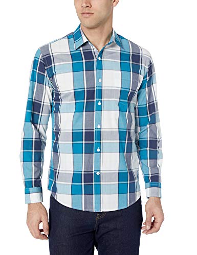 Amazon Essentials – Camisa informal de popelín de manga larga de corte recto estándar para hombre, Teal/Navy Large Plaid, US S (EU S)