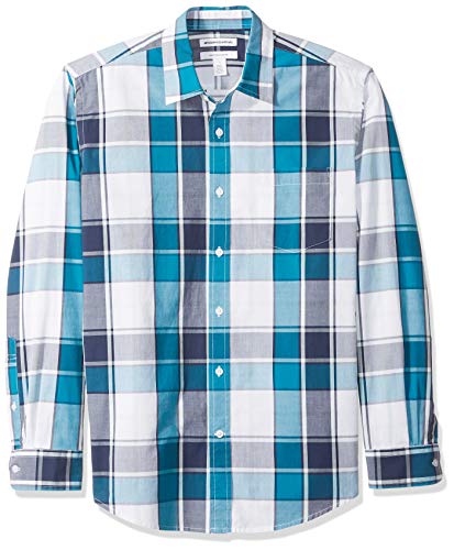 Amazon Essentials – Camisa informal de popelín de manga larga de corte recto estándar para hombre, Teal/Navy Large Plaid, US S (EU S)