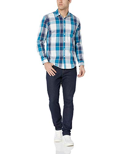 Amazon Essentials – Camisa informal de popelín de manga larga de corte recto estándar para hombre, Teal/Navy Large Plaid, US S (EU S)