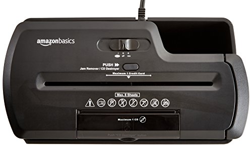 AmazonBasics - Destructora de papel, tarjetas de crédito y CD con recipiente separable (corte recto, capacidad de hasta 8 hojas), negro