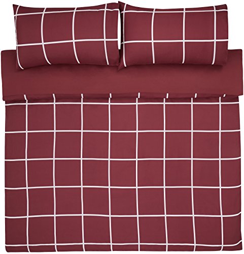 AmazonBasics - Juego de funda nórdica de microfibra ligera de microfibra, 200 x 200 cm, Burdeos a cuadros (Burgundy Simple Plaid)