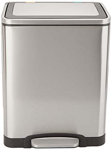 AmazonBasics Rectangle Soft-Close Trash Can with Double Inner Buckets, Plateado, 215L