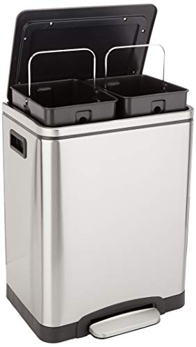 AmazonBasics Rectangle Soft-Close Trash Can with Double Inner Buckets, Plateado, 215L