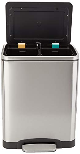 AmazonBasics Rectangle Soft-Close Trash Can with Double Inner Buckets, Plateado, 215L