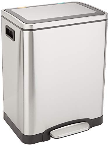 AmazonBasics Rectangle Soft-Close Trash Can with Double Inner Buckets, Plateado, 215L