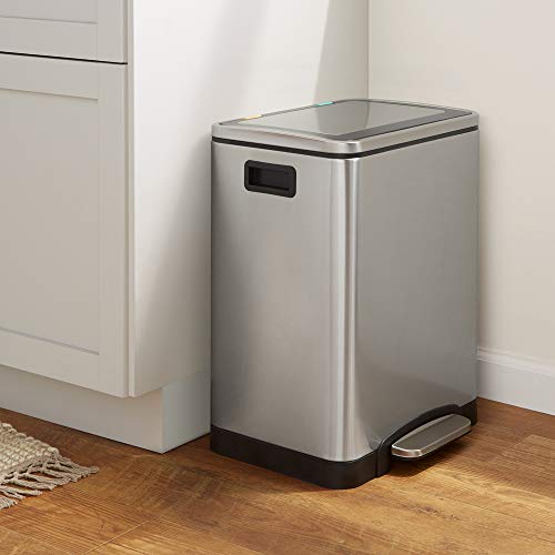 AmazonBasics Rectangle Soft-Close Trash Can with Double Inner Buckets, Plateado, 215L