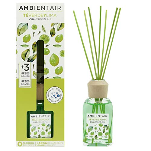 Ambientair. Difusor de Varillas perfumadas. Ambientador Mikado Té Verde y Lima, difusor con palitos de ratán. El Mejor ambientador sin Alcohol para casa. Ambientador para la Cocina y baño.