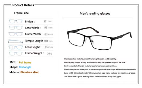 Amcedar 5-pack Gafas de lectura Hombres Estilo de marco Rectangular Acero Inoxidable Materiales Metal Bisagras de Resorte incluye Gafas sol de Lectura +2.50