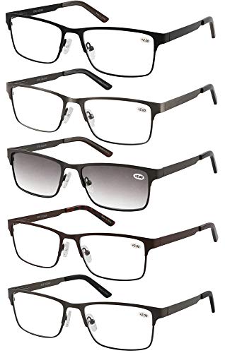 Amcedar 5-pack Gafas de lectura Hombres Estilo de marco Rectangular Acero Inoxidable Materiales Metal Bisagras de Resorte incluye Gafas sol de Lectura +2.00