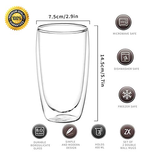 Amisglass Tazas de Vidrio para Café, Juego de 2 Piezas de Vasos de Doble Pared de Café de Cristal Transparente Ideal para Café y Té - 400 ml