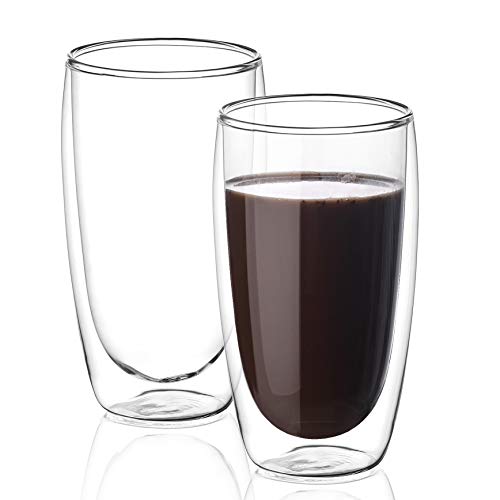 Amisglass Tazas de Vidrio para Café, Juego de 2 Piezas de Vasos de Doble Pared de Café de Cristal Transparente Ideal para Café y Té - 400 ml