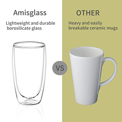 Amisglass Tazas de Vidrio para Café, Juego de 2 Piezas de Vasos de Doble Pared de Café de Cristal Transparente Ideal para Café y Té - 400 ml