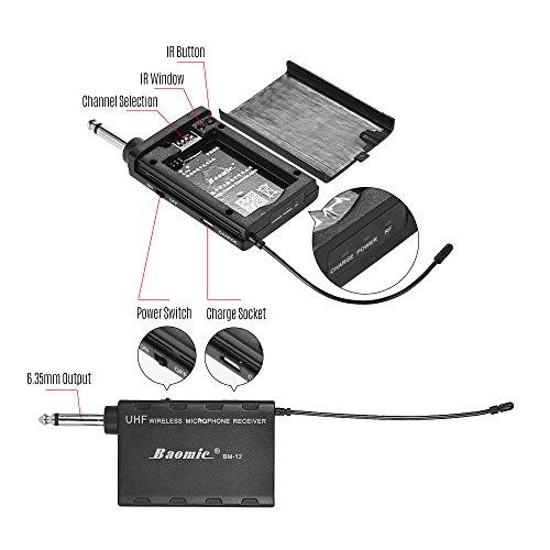 ammoon Sistema de Micrófono Baomic BM-12 / V2 UHF Profesional Instrumento Inalámbrico Receptor y Transmisor 630-690MHz 16 Canales para Sax Saxophone Cuerno Francés Trompeta Trumbone