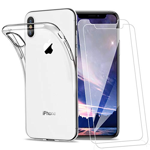 Amonke Funda para iPhone X iPhone Xs Silicona Transparente TPU + 2 Pcs Protector de Pantalla para iPhone X iPhone Xs Cristal Templado